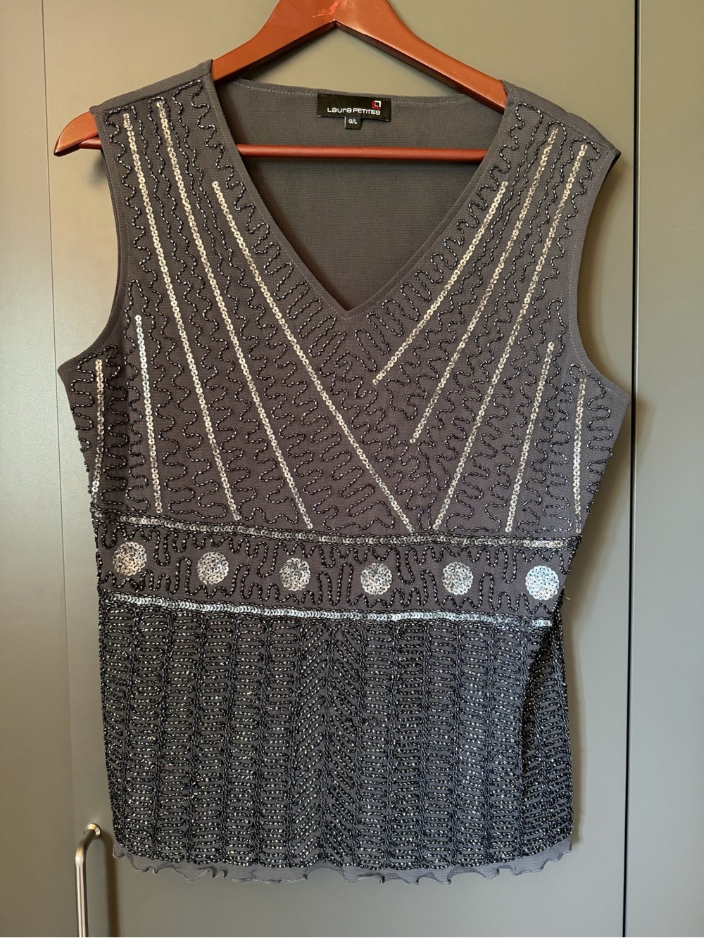Laura Petites Beaded Sequin V-Neck Evening Top Petite Large